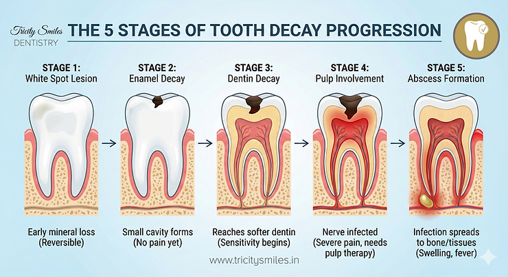 Diagram illustrating 5 stages of tooth decay from white spot lesion to abscess formation. Includes labels, tooth cross-sections, and symptoms.