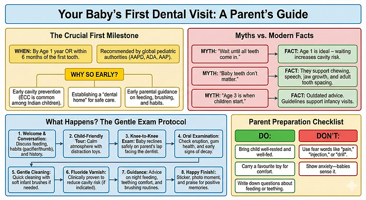 Guide on a baby’s first dental visit with tips, myths vs facts, exam steps, and a parent checklist. Includes colorful sections and key info.